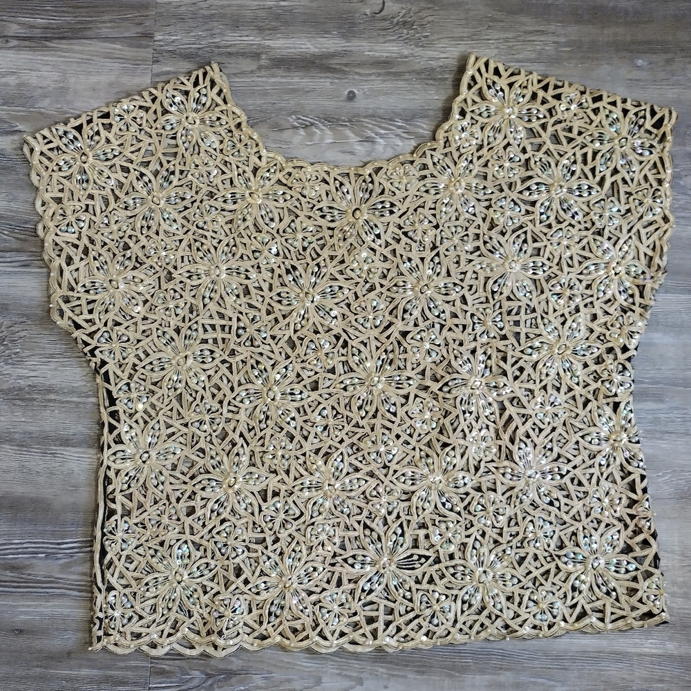 Woman's Formal Floral Mesh Top Embellished with Sequins and Pearls, Size 14